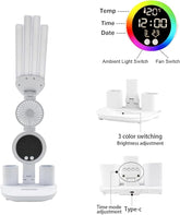 6-in-1 Led Desk Lamp Adjustable Foldable Table Lamp with Fan, Clock, Dates, Temperature, Pen Holder, 3 Color & Stepless Dimming, Reading Lamp for Study Table Work Office