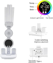 6-in-1 Led Desk Lamp Adjustable Foldable Table Lamp with Fan, Clock, Dates, Temperature, Pen Holder, 3 Color & Stepless Dimming, Reading Lamp for Study Table Work Office