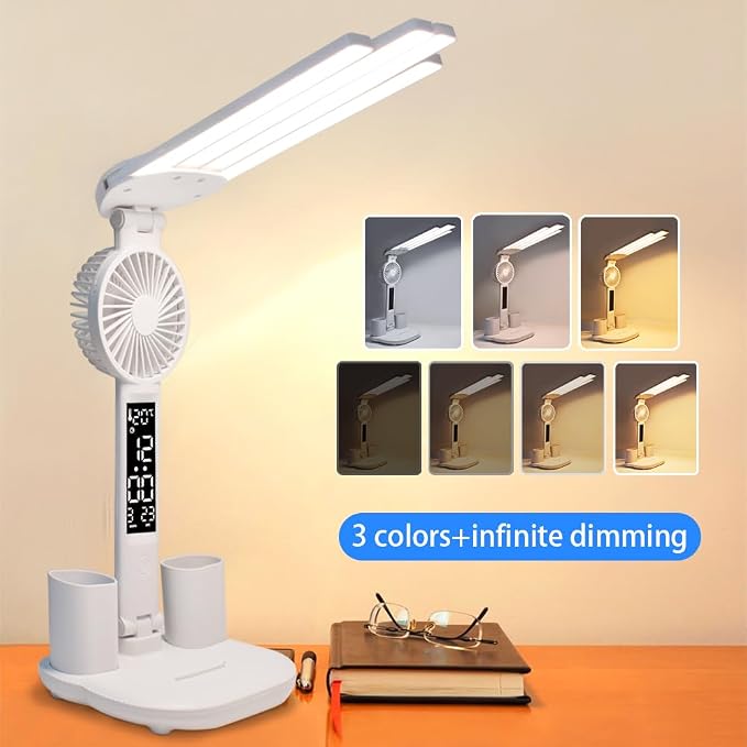 6-in-1 Led Desk Lamp Adjustable Foldable Table Lamp with Fan, Clock, Dates, Temperature, Pen Holder, 3 Color & Stepless Dimming, Reading Lamp for Study Table Work Office