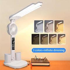 6-in-1 Led Desk Lamp Adjustable Foldable Table Lamp with Fan, Clock, Dates, Temperature, Pen Holder, 3 Color & Stepless Dimming, Reading Lamp for Study Table Work Office
