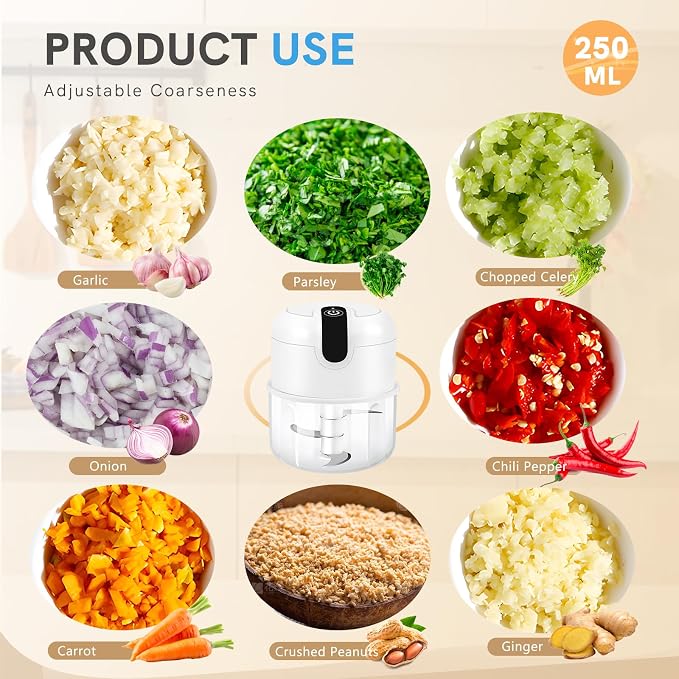 EASYSPEED Electric Garlic Chopper 1 Cup, Mini USB Charging Wireless Food Processor with 304 Stainless Steel, 3 Sharp Blades